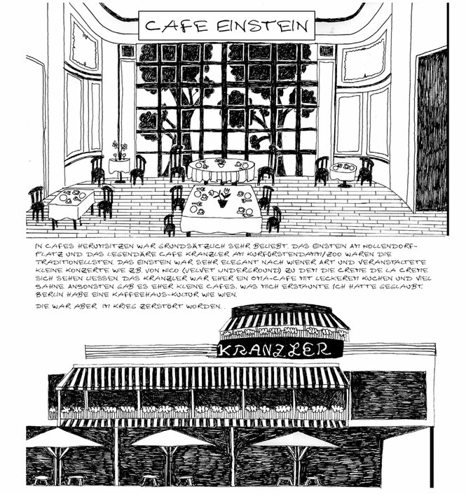 Eine Zeichnung vom Café Einstein und vom Café Kranzler im Berlin