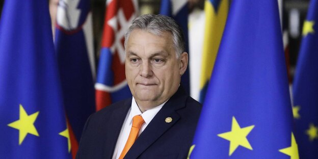 Victor Orban steht zwischen zwei EU-Flaggen