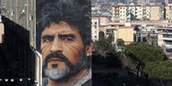 Ein Porträt von Maradona ist in riesigen Dimensionen an eine Hauswand gemalt, dahinter sieht man die Stadt Neapel