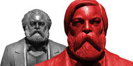 Friedrich-Engels-Statue in Rot vor einer Marx-Statue in Grau