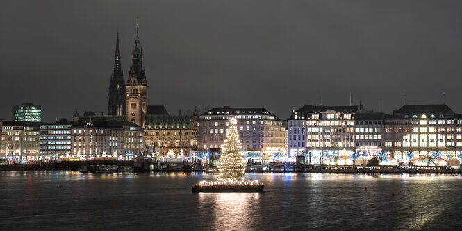 Beleuchteter Tannenbaum auf der Binnenalster.