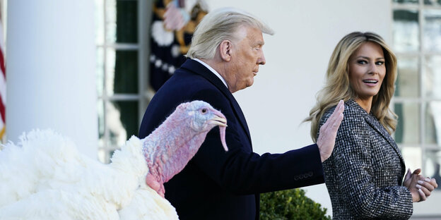 Donald und Melania Trump sind von hinten zu sehen, wie sie den Rosengarten des Weißen Hauses verlassen, sie wenden sich einander leicht zu.