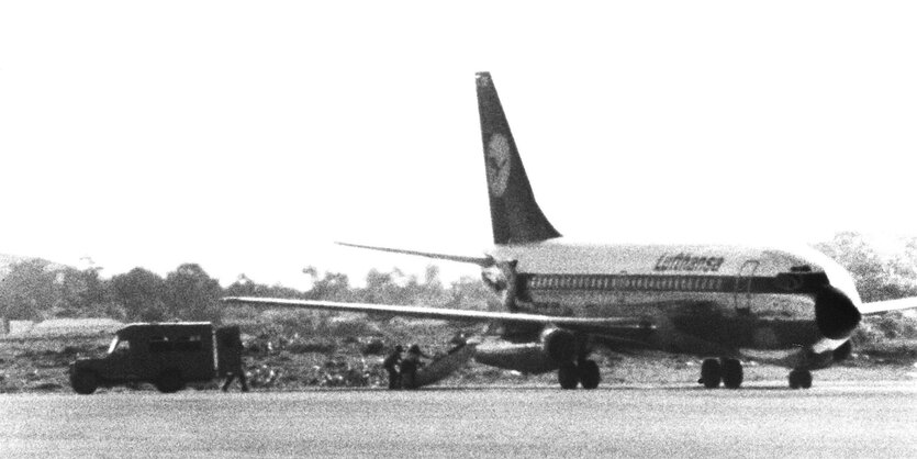 Das Flugzeug steht auf einer Landebahn