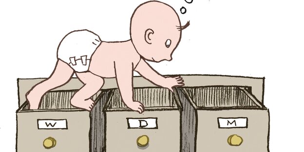 Zeichnung: Ein Baby krabbelt über geöffnete Schubladen mit den Initialen der Worte Männlich, Weiblich und Divers