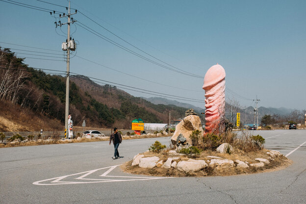 Pinke Phallu-Skulptur in mitten eines Kreisverkehrs in Südkorea