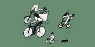 Zeichnung von Menschen auf Fahrrädern, zum Teil mit Gepäckkörben