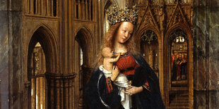 Der Ausschnitt von Jan van Eycks „Die Madonna in der Kirche“, um 1440​, zeigt den Kopf Marias und das Jesuskind