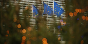 Drei EU-Flaggen flattern vor einem Regierungsgebäude in Brüssel. im Vordergrund unscharf ein Gebüsch.