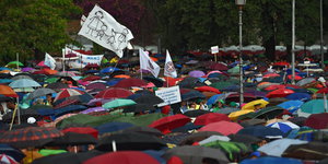 Lauter verschiedenfarbige Regenschirme bei einer Kundgebung