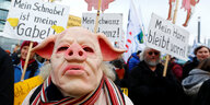 Demonstranten während Wir haben es satt - Demonstration im januar 2018 - Eine Person trägt eine Schweinemaske