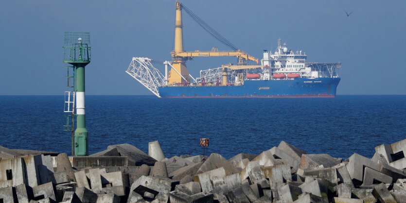 Pipe-laying vessel Akademik Cherskiy owned by Gazprom, which Russia may use to complete construction of the Nord Stream 2 gas pipeline, is seen in a bay near the Baltic Sea port of Baltiysk, Kaliningrad region,