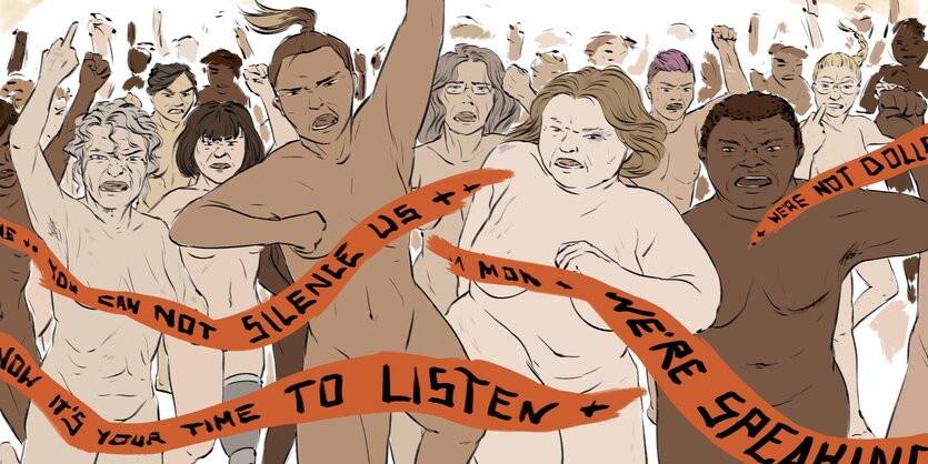 Ein gemaltes Bild, auf dem Frauen zu sehen sind, die in Richtung des Betrachters:der Betrachterin rennen. Die Frauen sind nackt und durchlaufen orangefarbene Banner, auf denen "Still Not Broken" steht.