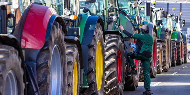 Mit ihren Traktoren stehen Milchbauern vor der Ostseemolkerei Rücke und fordern bessere Milch-Preisen ein