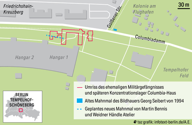 Eine Grafik, die den Standort des neuen und des alten Mahnmals aufzeigt