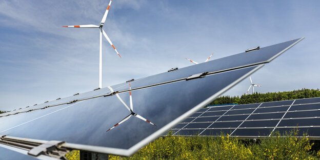 Große Solarpaneele auf einer Wiese, im Hintergrund drei Windräder