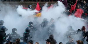 In Rauch gehüllter Polizeieinsatz bei der G20-Demonstration "Welcome to hell".