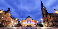 Marktplatz von Chemnitz in beleuchteter Abendansicht