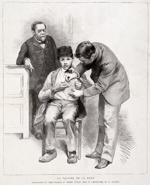 Illustration einer Impfung, der Proband sitzt,Pasteur beobachet den Arzt Illustration einer Impfung, der Proband sitzt,Pasteur beobachet den Arzt