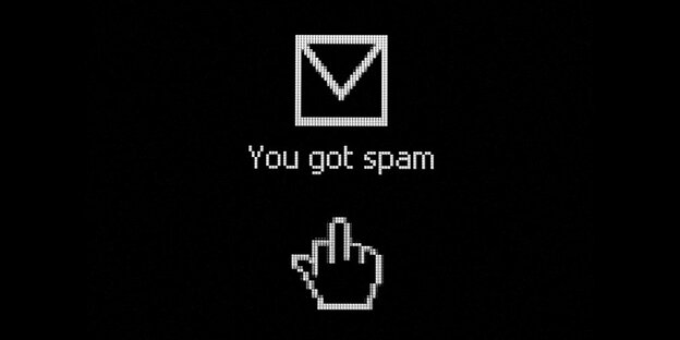 You got spam, weißer Brief und Händchen auf schwarzem Hintergrund