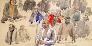 Eine Zeichnung aus dem Gerichtssaal zeigt u.a. den angeklagten vermutlichen Mitzäter Ali Riza Polat