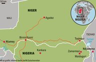 Kartenansicht der Grenzregion zwischen Niger und Nigeria.