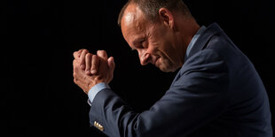 Friedrich Merz im Profil, er faltet die Hände