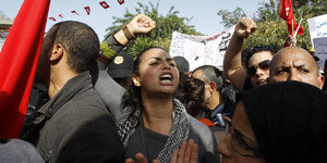 Eine Gruppe Demonstranten halten Tunesische flaggen in der Hand