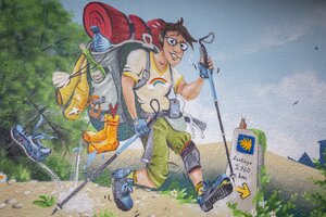 Eine Illustration vom Buchcover über das Pilgern von Jörg Steinert, zu sehen ist ein wandernder Mann, der Spaß zu haben scheint und etwas schwitzt Eine Illustration vom Buchcover über das Pilgern von Jörg Steinert, zu sehen ist ein wandernder Mann, der Spaß zu haben scheint und etwas schwitzt