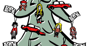 Illustration eines Christbaums. An ihm hängen unglückliche Puppen, Geldscheine und kleine Autos.