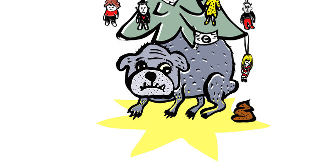 Die Illustration zeigt einen Mops, der unter einem Tannenbaum sitzt und einen Haufen macht. Am Tannenbaum hängen traurig schauende kleine Menschen und Geldscheine