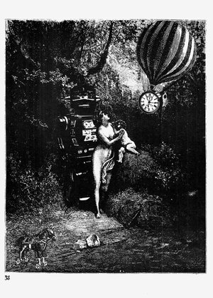 Eine Zeichnung mit Roboter, Frauenfigur und Heißluftballon Eine Zeichnung mit Roboter, Frauenfigur und Heißluftballon