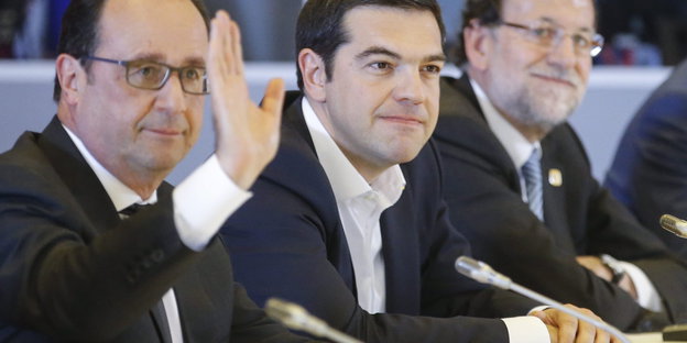 Francoise Holland, Alexis Tsipras und Mariano Rajoy
