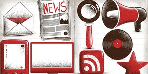 Illustration: Briefumschlag, Papierzeitung, Handy, Bildschirm, Instagram-Logo, Schallplatte, Lupe, Megafon