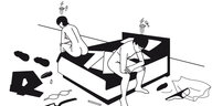 Ein Zeichnung zeigt ein Paar auf dem Bett sitzend nach dem Sex