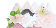 Bild einer Frau liegt und träumt von Blumen und Bergen