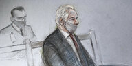 Julian Assange mit Maske in einer Gerichtszeichnung
