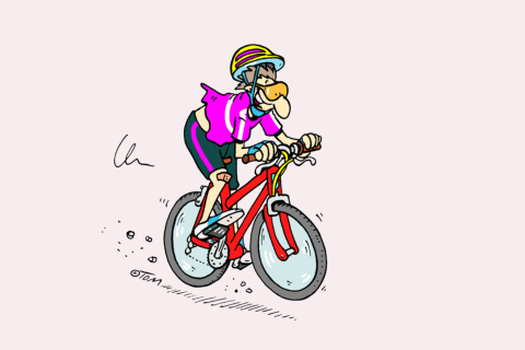 Eine Comiczeichnung von TOM. Zu sehen ist ein Mann, der gut gelaunt Fahrrad fährt.