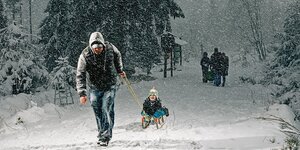 Ein Mann zieht einen Schlitten mit Kind über einen Waldweg.