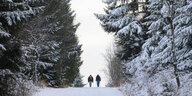 Wanderer gehen am Neujahrstag 2021 durch einen verschneiten Winterwald im sächsischen Landkreis Sächsische Schweiz-Osterzgebirge