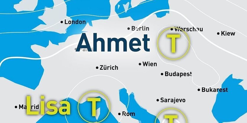 Eine Wetterkarte auf der Tief Ahmet verzeichnet ist