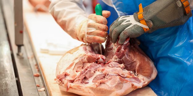 Ein Mitarbeiter zerlegt Schweinekeulen im Schlachtbetrieb der Emil Färber GmbH