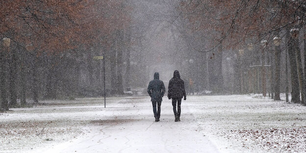 Zwei Menschen gehen bei Schneeregen im Park spazieren