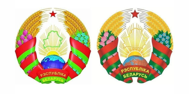 Das neue und das alte Wappen von Belarus nebeneinander: Runder Ährenkranz, Kleeblättern und Flachs, Weltkarte mir Konturen des Landes in der Mitte