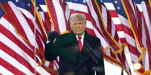 Donald Trump reckt die Faust als Gruß und steht vor zahlreichen Flaggen der Vereingten Staaten