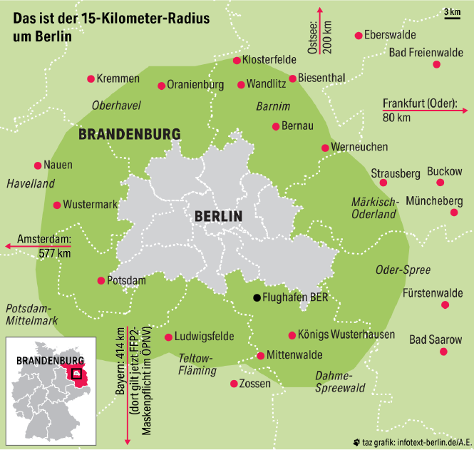 Grafik mit einem 15-Kilometer breiten Rand rund um die Stadtgrenze von Berlin