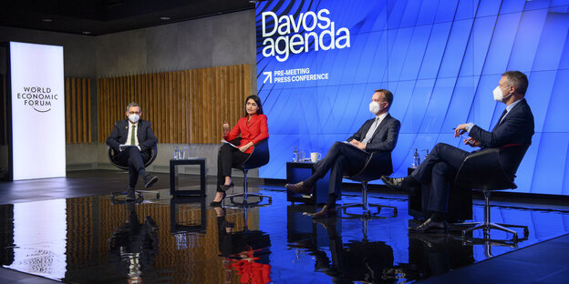 Geschäftsführer des Weltwirtschaftsforums, WEF, sprechen während einer virtuellen Pressekonferenz zur Vorschau auf die Davos Agenda 2021