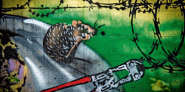Ein Graffiti zeigt eine Maus, die durch einen zerschnittenen Stacheldrahtzaun blickt.