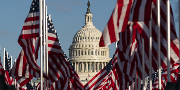 US-amerikanische Flaggen vor der Kuppel des Capitols