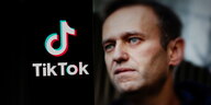Emblem des onlineporträts Tiktok, daneben ein Porträt des inhaftierten Oppositionellen Alexei Nawalny
