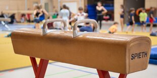 Ein Pauschenpferd steht in einer Turnhalle, Kinder im Hintergrund